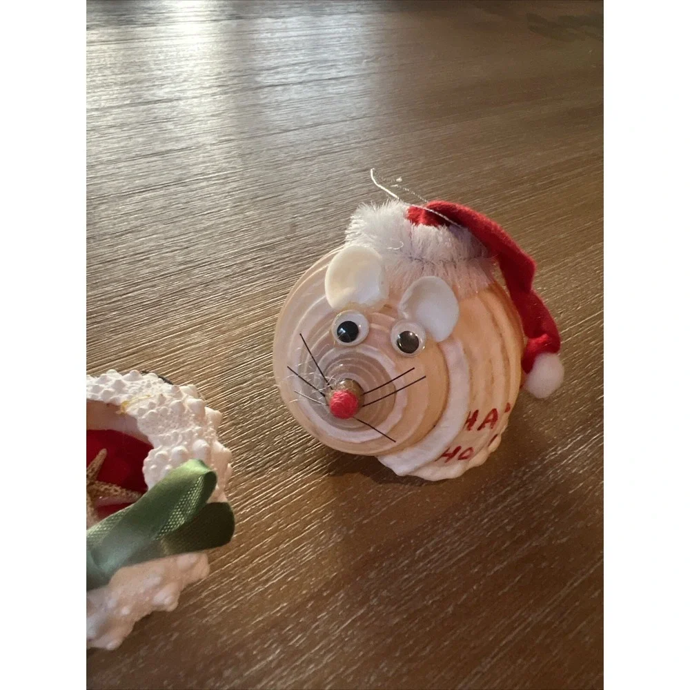 Lot Of 2 Vintage Real Sea Shell Mouse Christmas Ornament Handmade